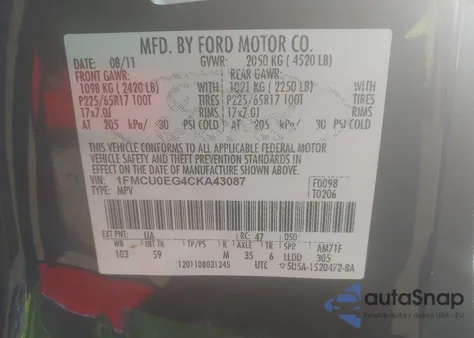 2012 Ford Escape Limited from USA, damaged, VIN 1FMCU0EG4CKA43087